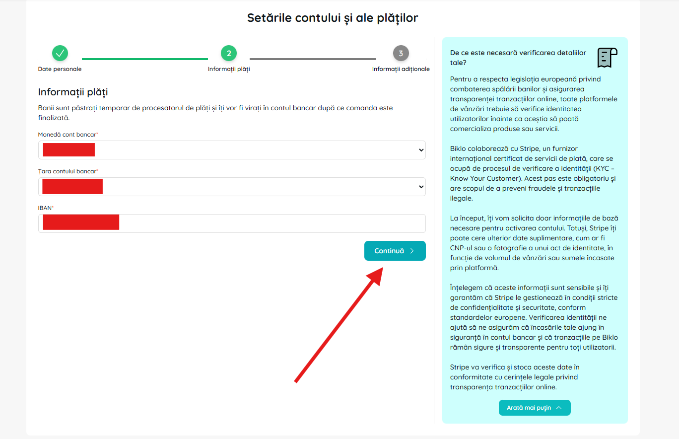 Bankoplysninger i oprettelsesprocessen for Biklo-finanskontoen