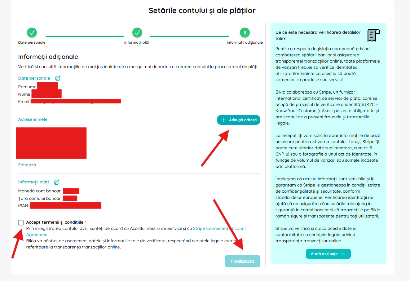 Udfyldning af yderligere oplysninger og aftaler i oprettelsesprocessen for Biklo-finanskontoen